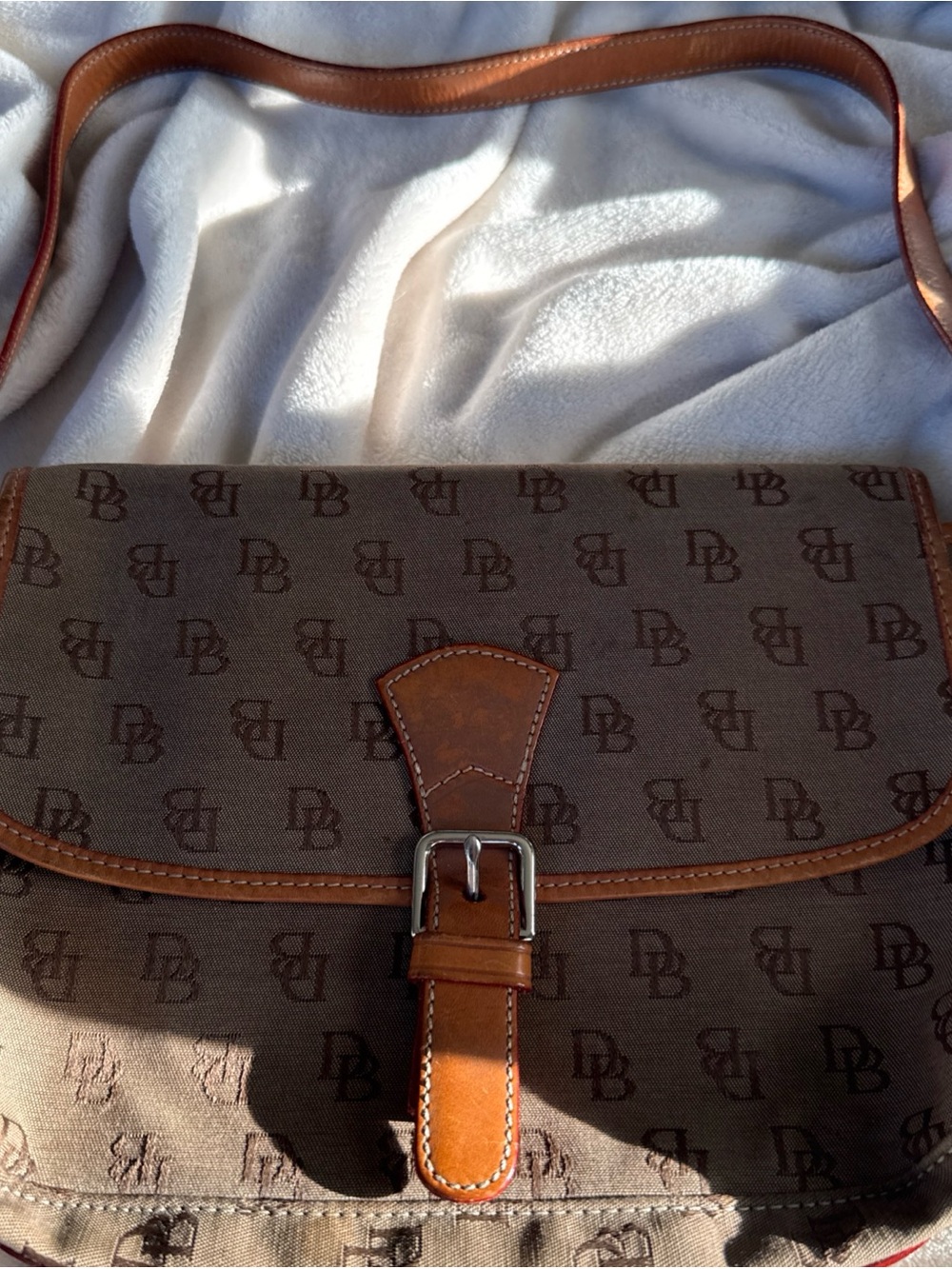 Vintage Dooney & Bourke Brown Monogram Shoulder Bag with Tan Leather Trim USA